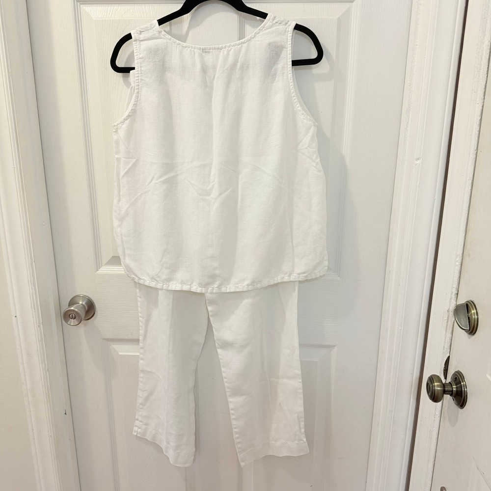 Vintage Hot Cotton Women M 100% Linen Sleeveless Top Cropped Set White Lagenlook - Picture 2 of 12